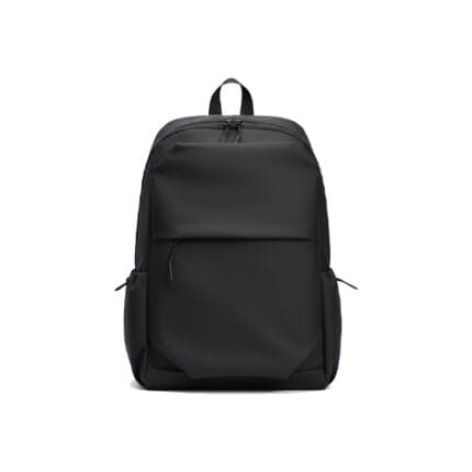 Lightweight soft rubbery fabric backpack front view showing water repellent polyester construction with solid color black grey styling