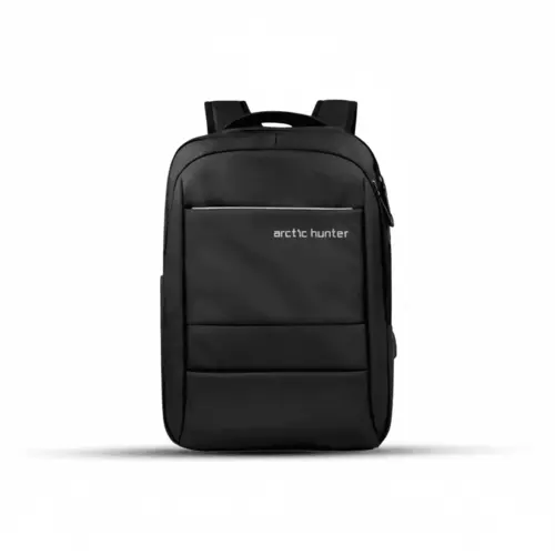 30L polyester school laptop backpack front view showing large capacity design with 3 compartments and zipper closure system