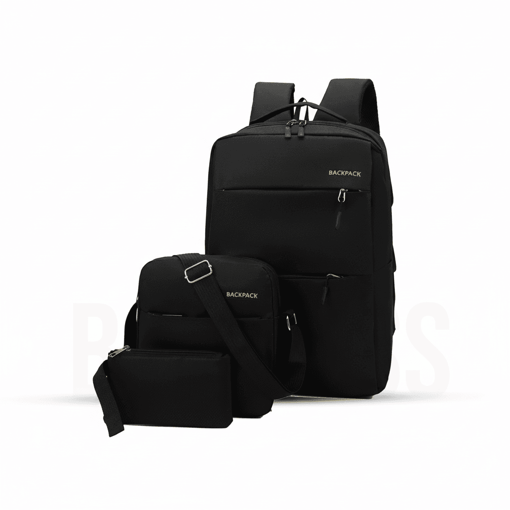 BagBoss 3 piece combo backpack set black color showing large backpack medium handbag and small shoulder bag together